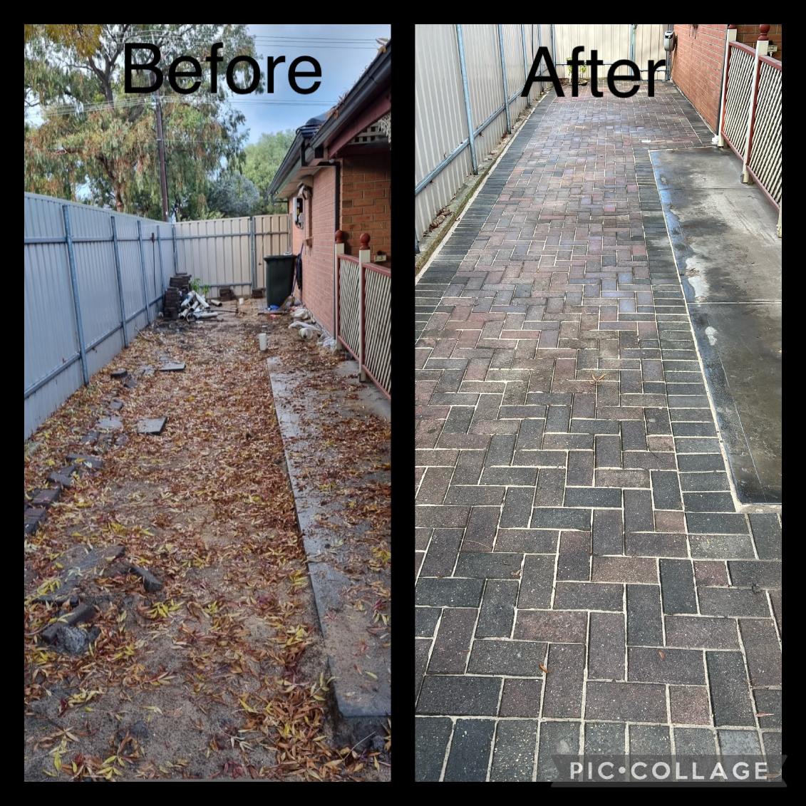 Driveway before and after — brick paver installation transforming a bare dirt path into a herringbone paved driveway