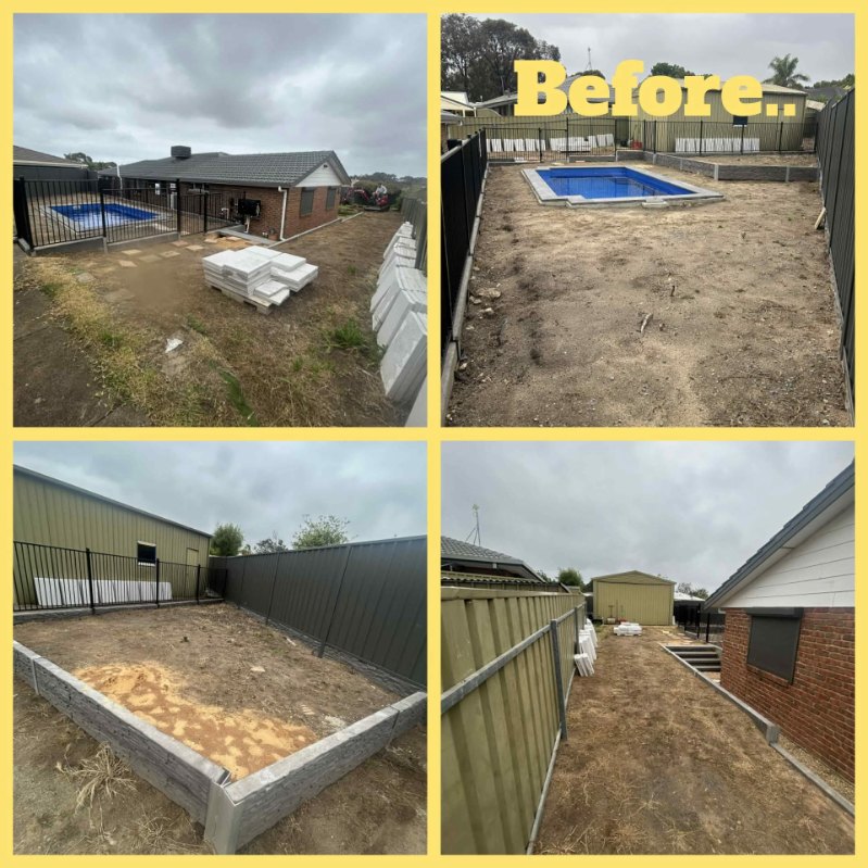 Before paving — bare dirt yard and unfinished pool area ready for transformation