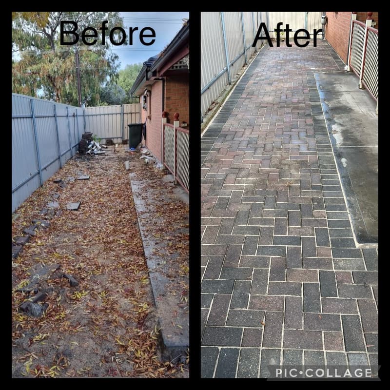 Driveway before and after: bare ground paved in herringbone brick pavers
